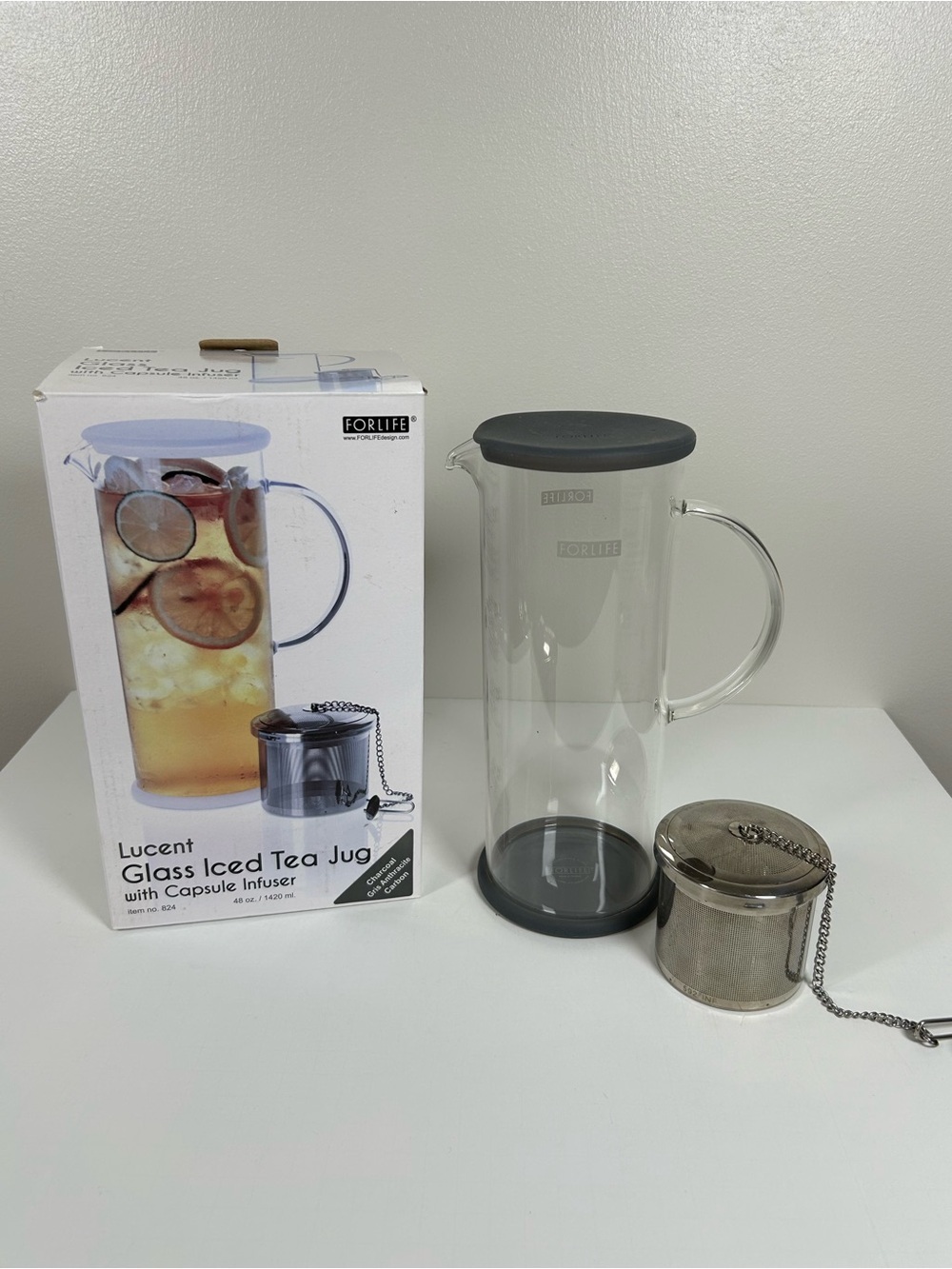 FORLIFE LUCENT Glass Iced Tea Jug with Charcoal Lid and Infuser 48-Ounce
